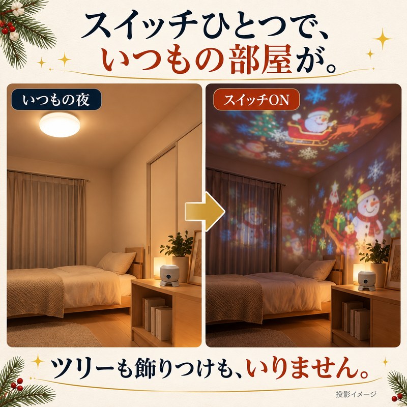 スイッチひとつで、いつもの部屋がクリスマスに。ツリーも飾りつけもいりません（投影イメージ）