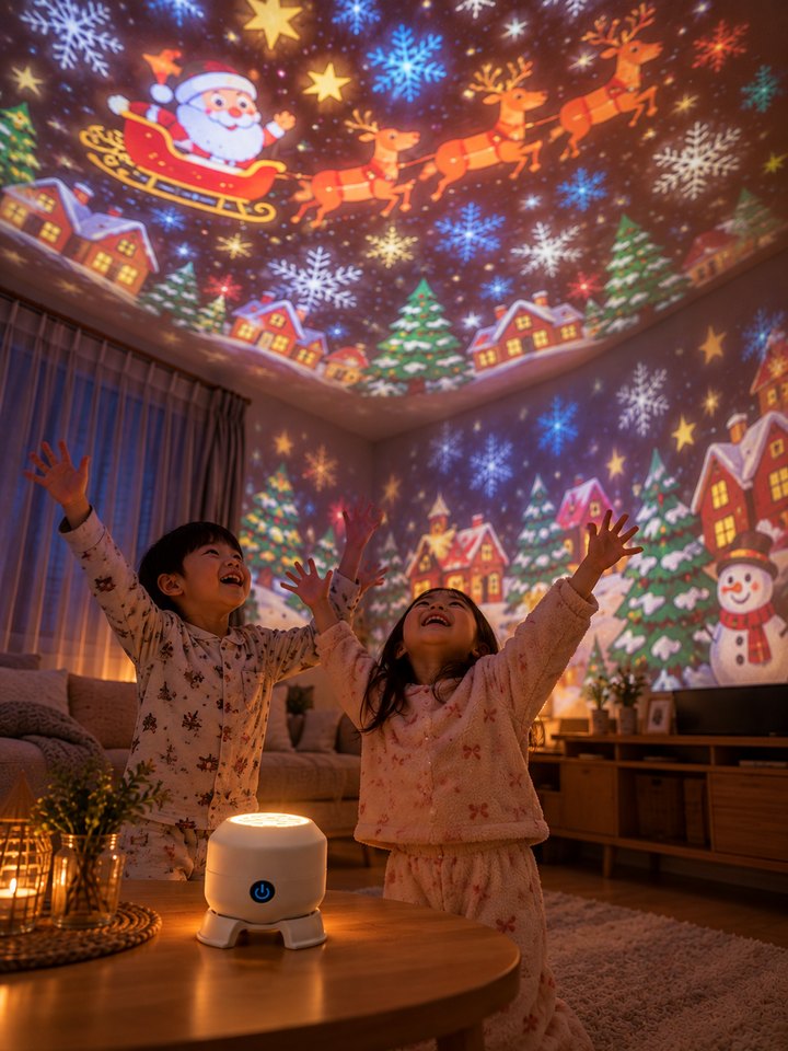 天井に広がるサンタの村を見て、両手をあげてよろこぶ子どもたち