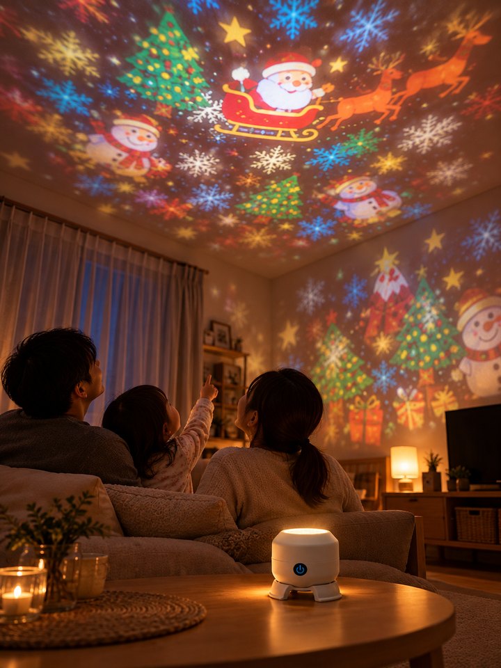 電気を消したリビングで、天井いっぱいのクリスマスの絵柄を見上げる親子