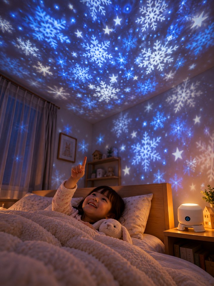 寝室の天井と壁に雪の結晶が広がり、ベッドから指さす子ども